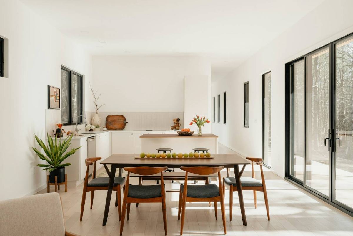 A bright open kitchen and dining room